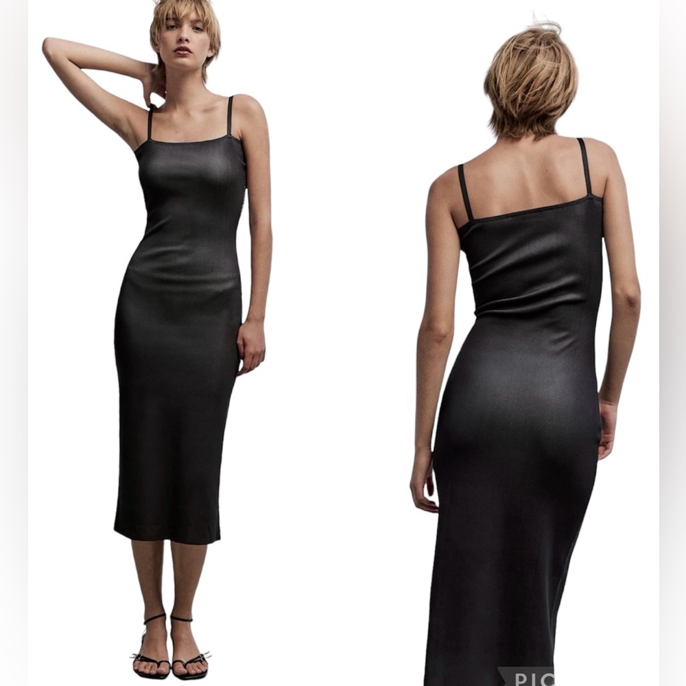 New Zara Black Shimmery Spaghetti Strap Bodycon Fitting MIDI Dress Size Small